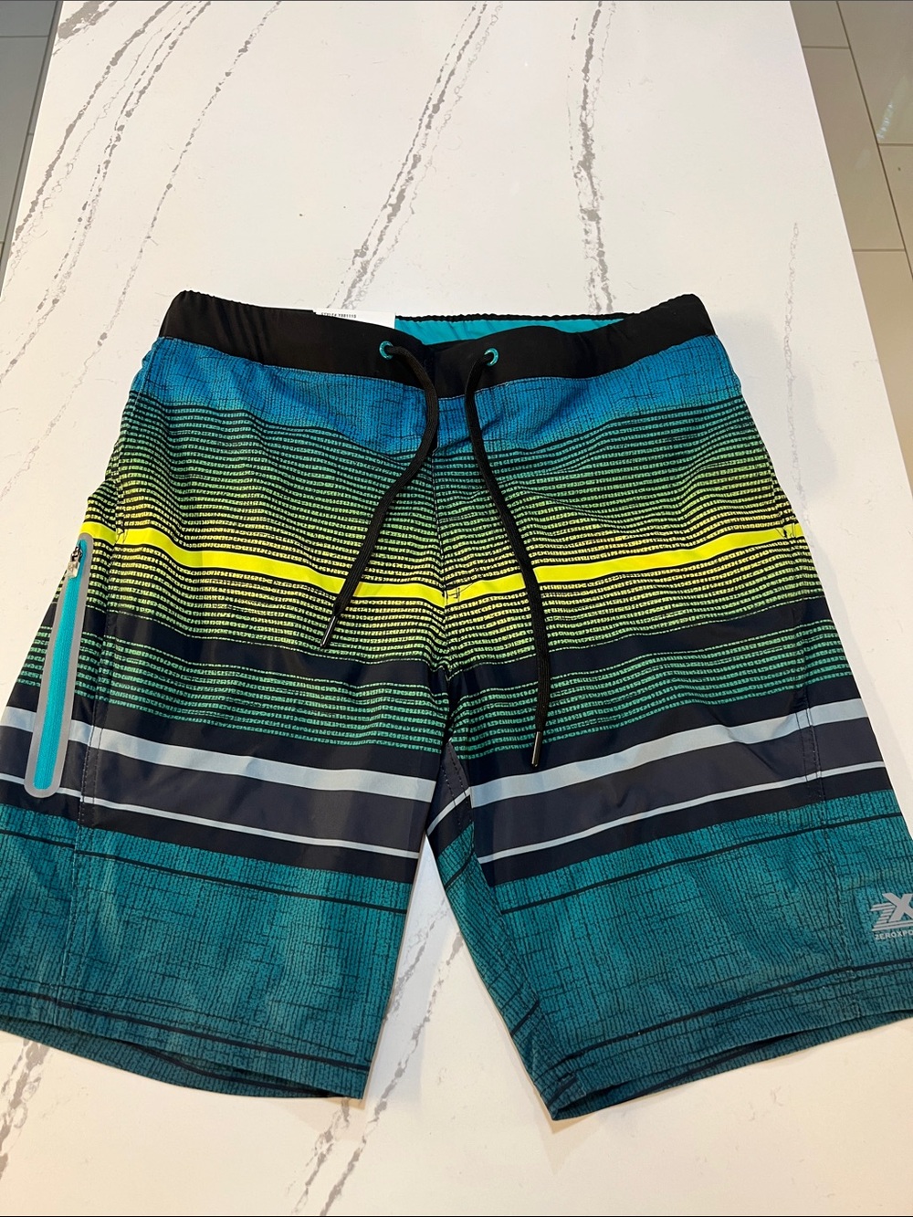 ZeroXposur Men’s Teal, Yellow & Black Stripe Board Shorts